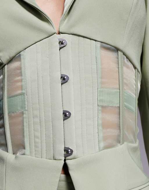Lavish Alice sheer satin mix corset blazer co-ord in sage green, 2 of 4