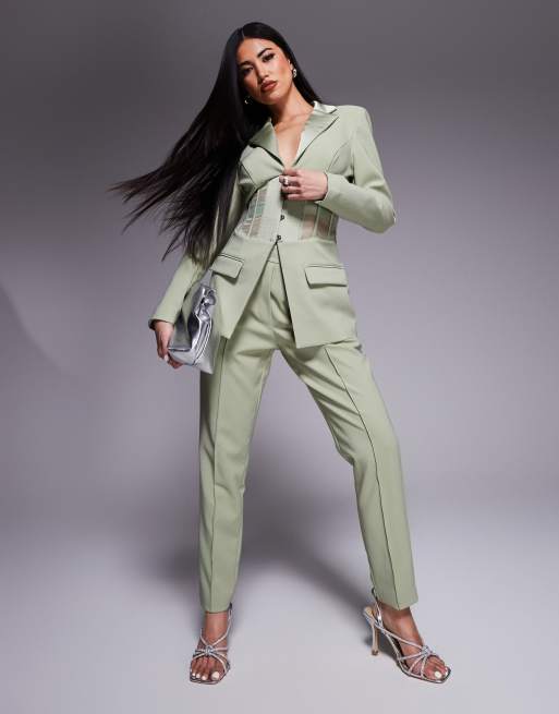 Lavish Alice sheer satin mix corset blazer co-ord in sage green, 3 of 4