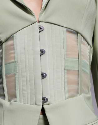 Shop Lavish Alice Sheer Satin Mix Corset Blazer In Green