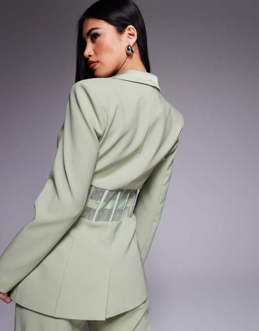 Lavish Alice sheer satin mix corset blazer in sage green - part of a set