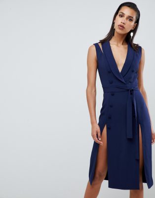 Lavish Alice sleeveless tuxedo midi dress with double split skirt-Navy