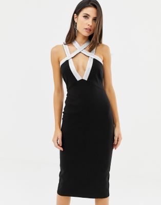 black sequin strappy plunge midi dress