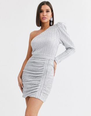 one shoulder silver sequin dress