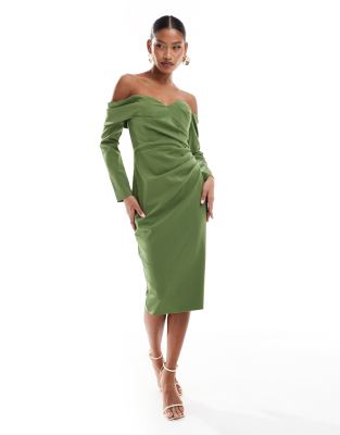 sweetheart neckline bardot midi dress in green