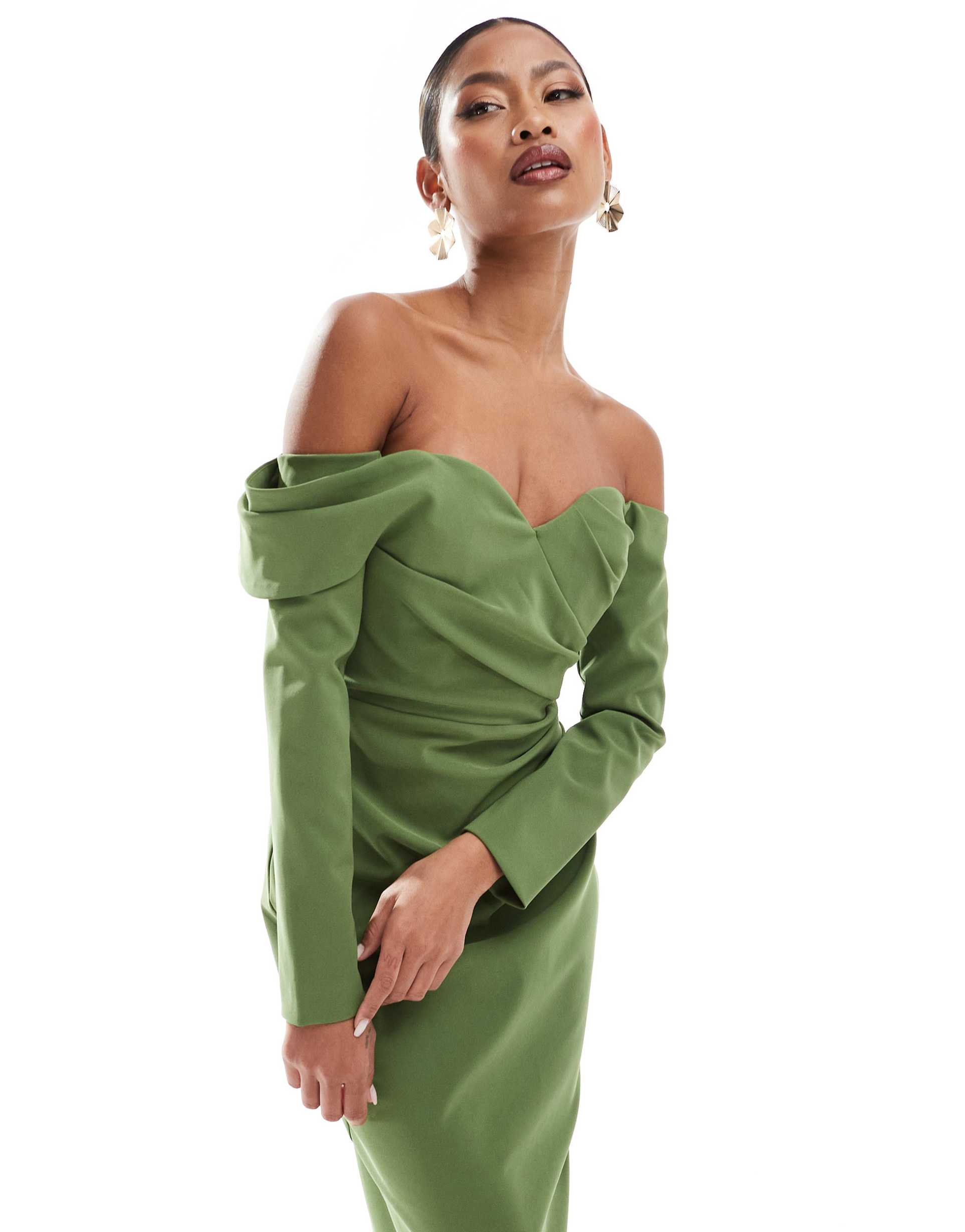 lavish alice sweetheart neckline bardot midi dress in green