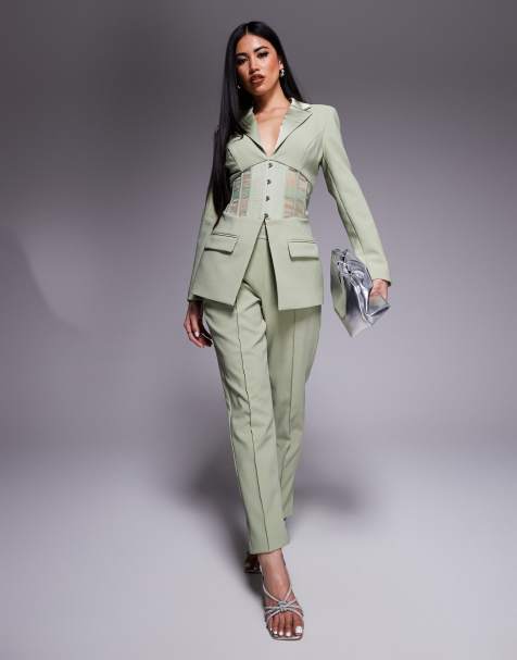 Lavish Alice mid rise satin mix tailored trousers co-ord in sage green