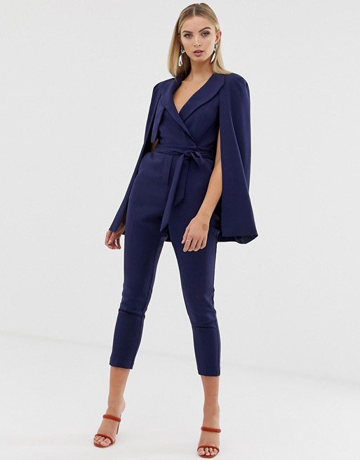 Lavish Alice tailored cape jumpsuit with storm flap in navy | ASOS