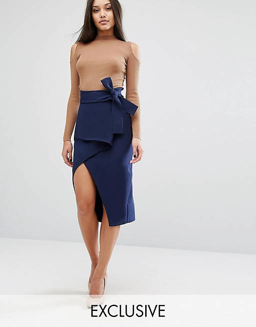 Lavish Alice Tie Front Asymmetric Wrap Midi Skirt