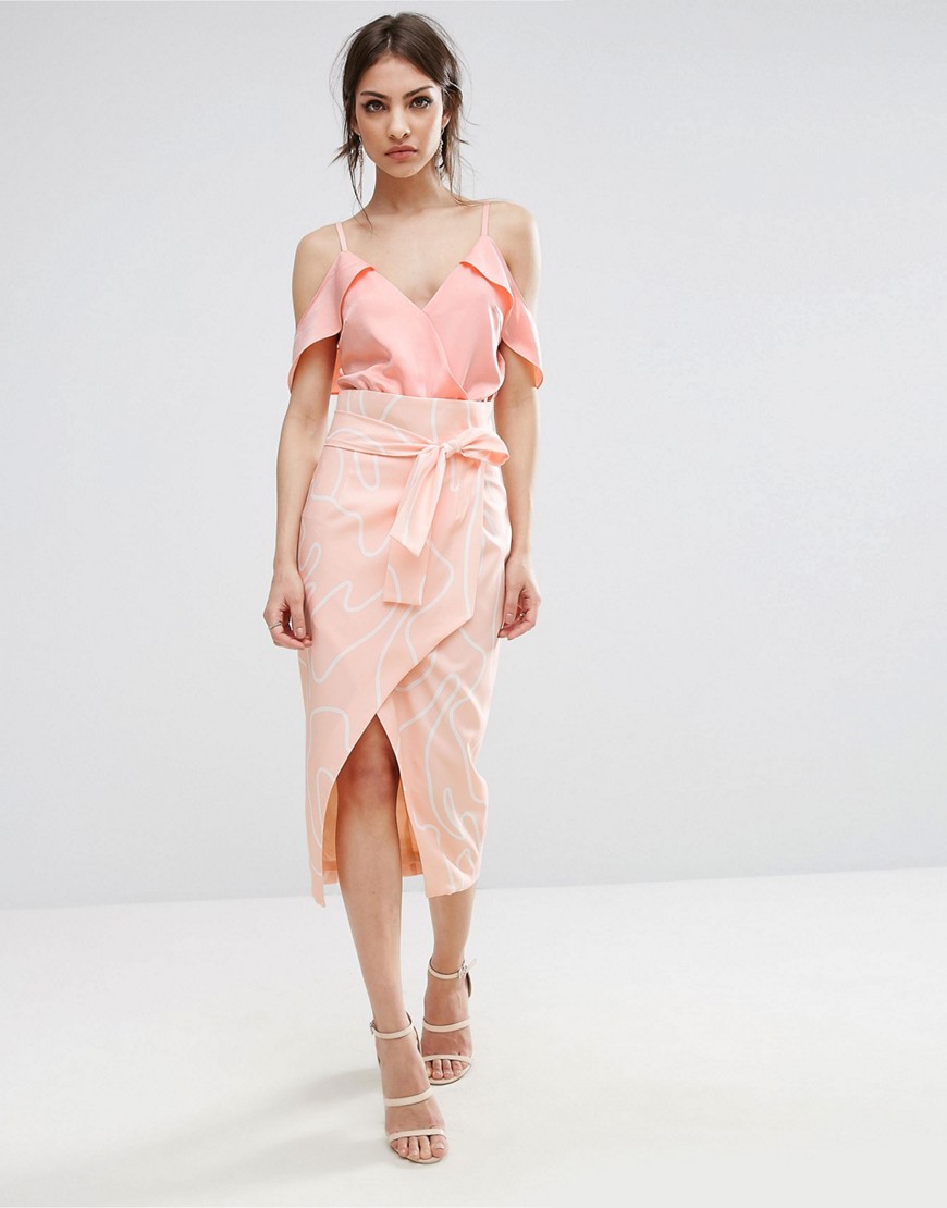 Lavish Alice Tie Front Wrap Midi Skirt In Abstract Print-Multi