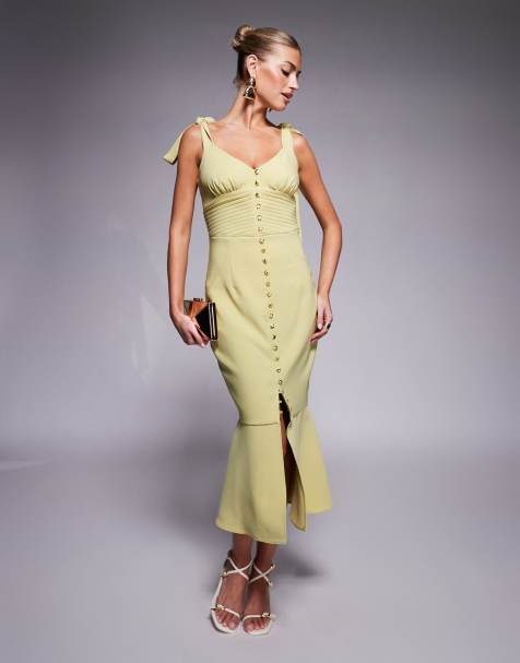 Lavish Alice tie strap micro shell button midi dress in lime green