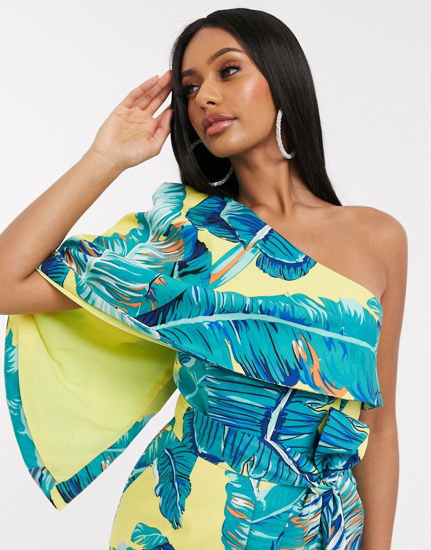 Lavish Alice - Tuta corta monospalla drappeggiata con stampa tropicale-Multicolore