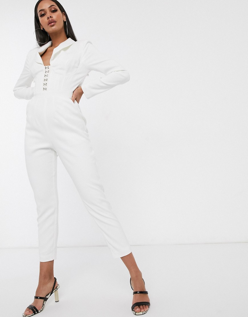 Lavish Alice - Tuta jumpsuit con dettaglio a corsetto e maniche lunghe bianca-Bianco