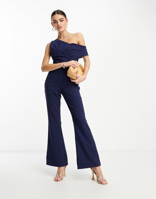 Lavish Alice - Tuta jumpsuit con spalle scoperte a zampa blu navy