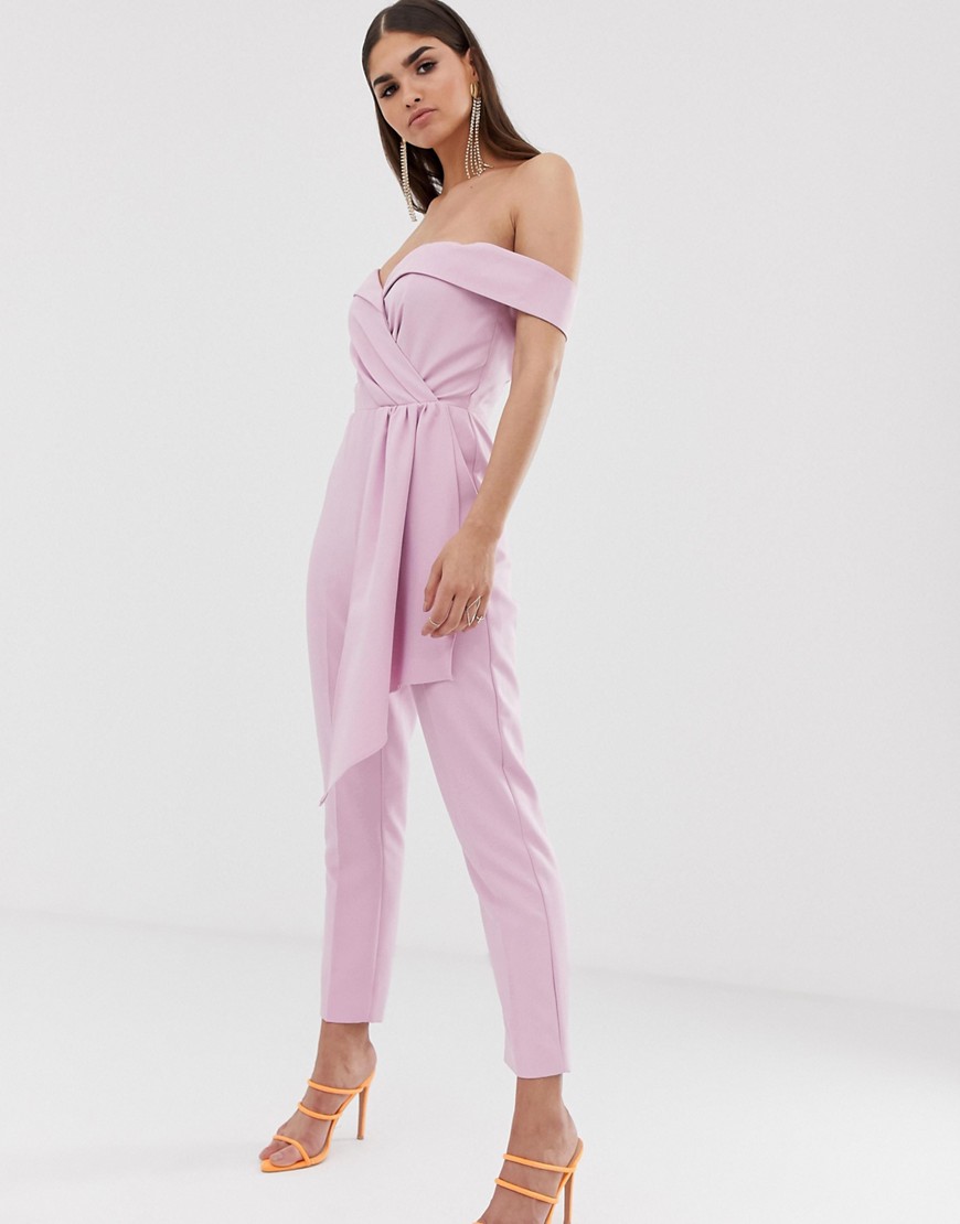 Lavish Alice - Tuta jumpsuit sartoriale rosa con scollo alla Bardot e cintura drappeggiata