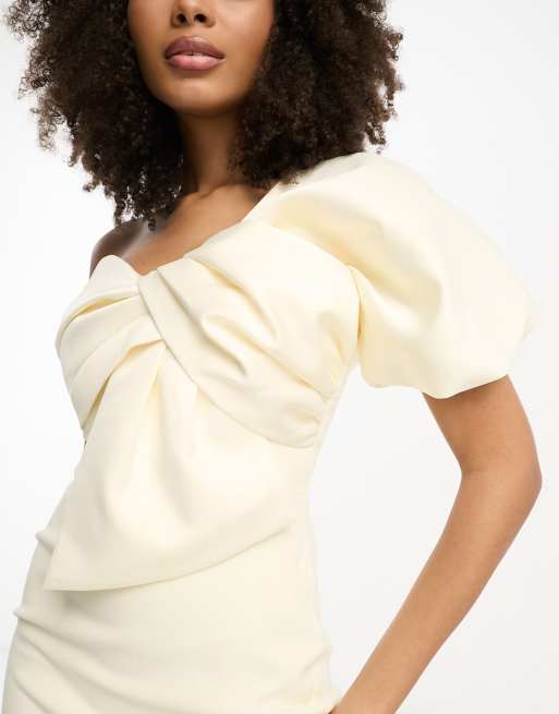 Lavish Alice twist front one shoulder midi dress in cream | ASOS