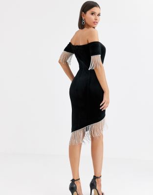 bardot velvet midi dress