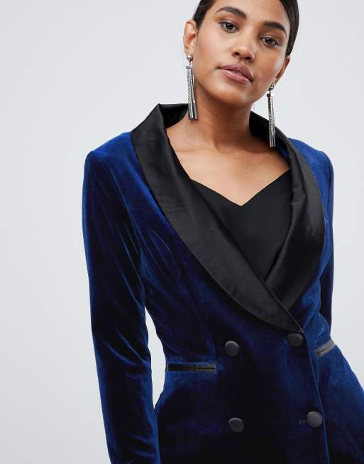 Lavish Alice velvet longline blazer with satin lapels in navy