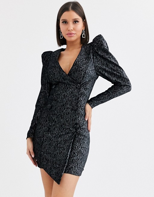 Lavish Alice velvet mini dress with statement shulder with diamante detail in black