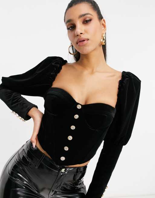 Lavish Alice velvet puff sleeve corset top with diamante button detail in  black