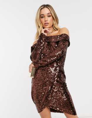 Lavish Alice velvet sequin cut out wrap dress in chocolate-Brown