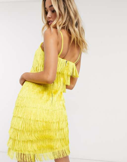 Lavish Alice - Vestito corto con frange a spina di pesce giallo, 2 di 4