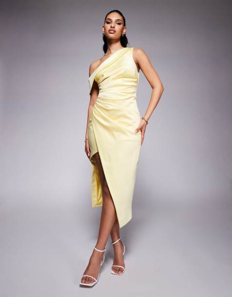 Lavish Alice - Vestito midi a pieghe giallo con scollo asimmetrico - view 1