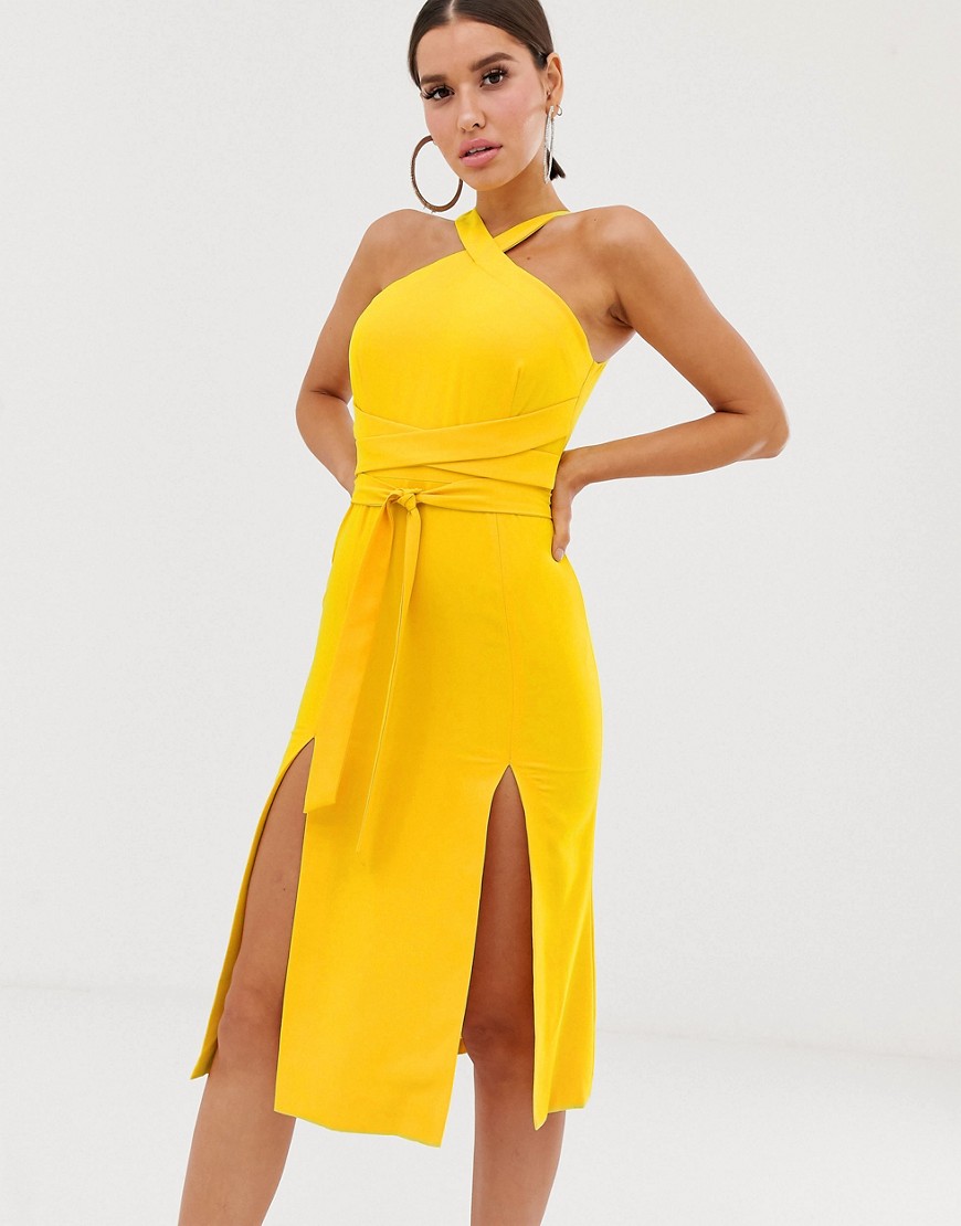 Lavish Alice - Vestito midi con incrocio davanti e doppio spacco giallo