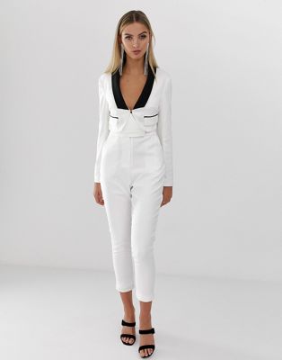white blazer black jumpsuit