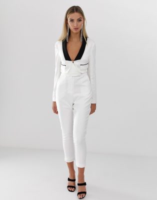 white blazer black jumpsuit