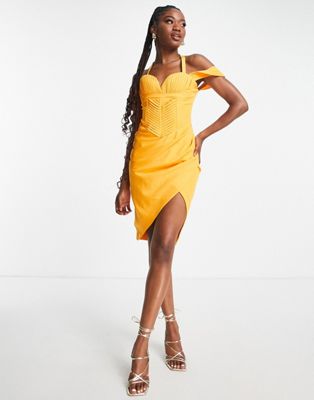 Lavish Alice wrap detail bardot midi dress in mango - ASOS Price Checker