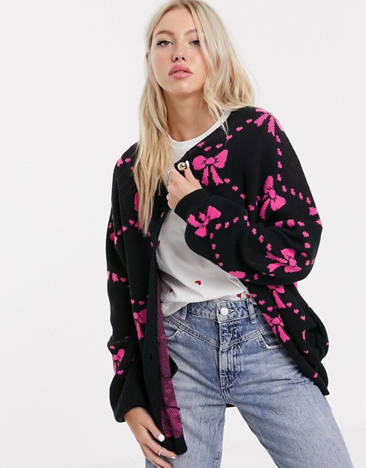 Lazy Oaf button front oversized cardigan in bow print