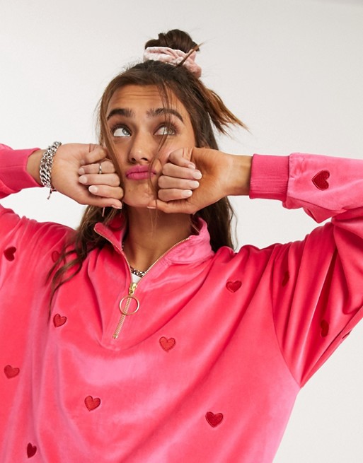 Lazy Oaf sweatshirt in all over heart embroidered velour co-ord