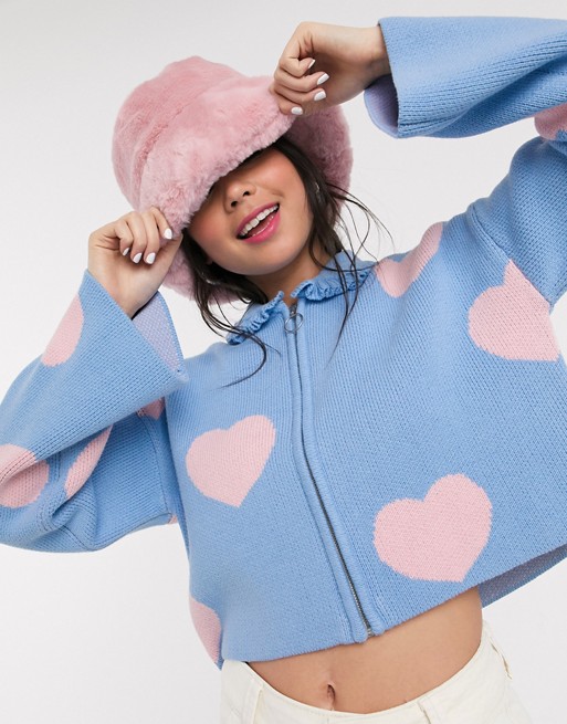 Lazy Oaf cropped zip through cardigan with frill collar in contrast heart knit