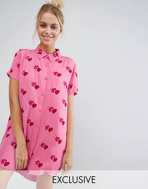 Lazy Oaf Exclusive Boyfriend Short Sleeve Shirt Dress With All Over Heart