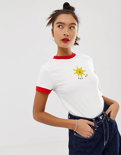 Lazy Oaf fitted ringer tee with not ok sun embroidery | ASOS