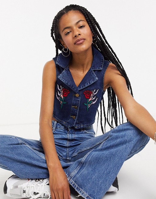 Lazy Oaf fitted waistcoat with floral embroidery in denim