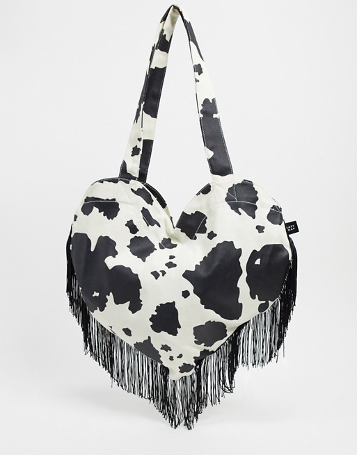 Lazy Oaf have a cow heart fringed tote bag
