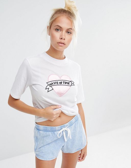 Lazy Oaf | Lazy Oaf High Neck T-Shirt With Waste Of Time Satin Heart