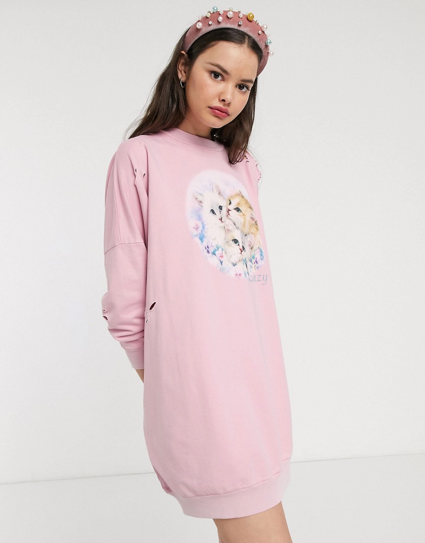 Lazy Oaf - Oversized sweaterjurk met kittenprint-Roze
