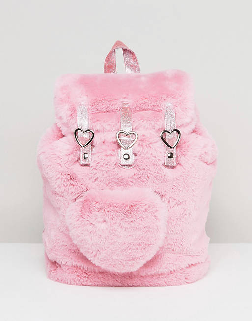 Lazy Oaf Pink Faux Fur Heart Detail Backpack