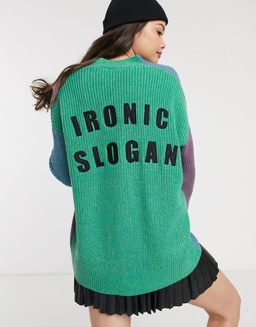 Lazy Oaf relaxed colour block cardigan with ironic slogan embroidery-Multi