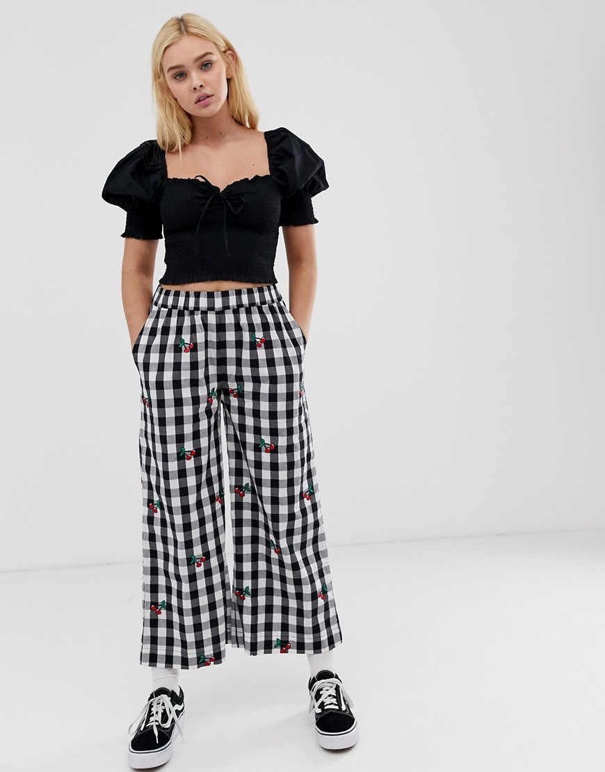 Lazy Oaf relaxed trousers in gingham with cherry embroidery-Black