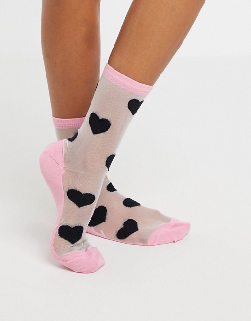 Lazy Oaf sheer heart socks in black and pink