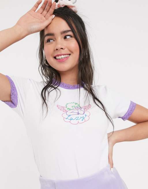 Lazy Oaf - Top met korte mouwen, geborduurde engel en kanten rand