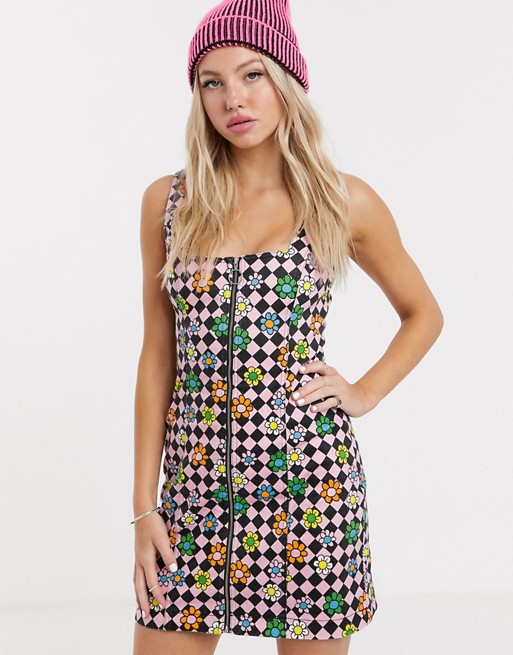 Lazy Oaf zip front mini dress in retro check floral print