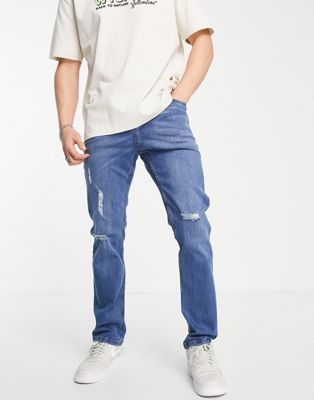 LDN Denim distressed straight leg jeans in mid wash blue