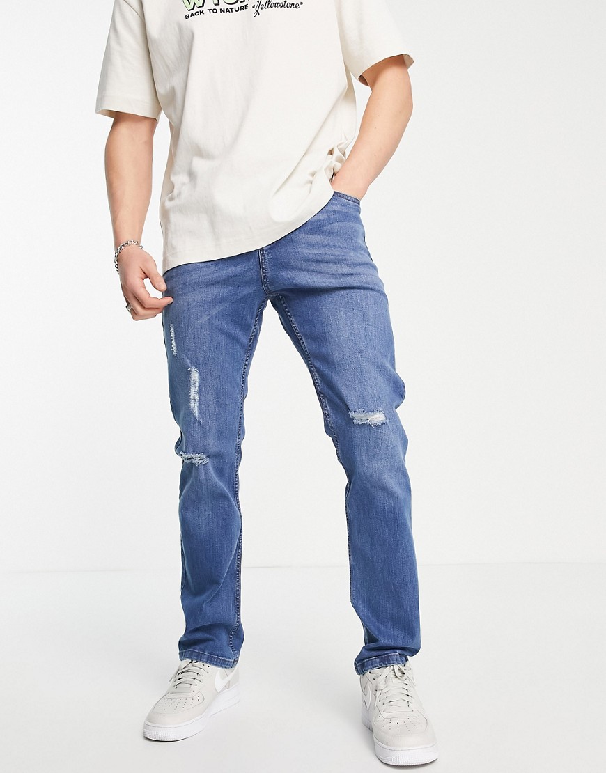 ldn denim - mellanblå, slitna jeans med raka ben