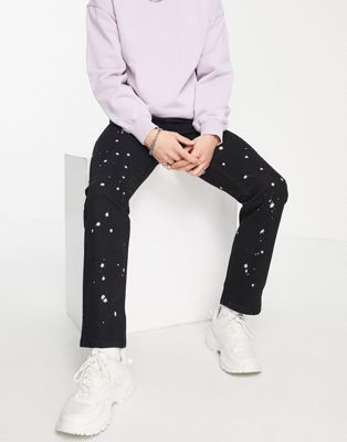 LDN Denim wide fit straight leg jeans In black with paint splatter