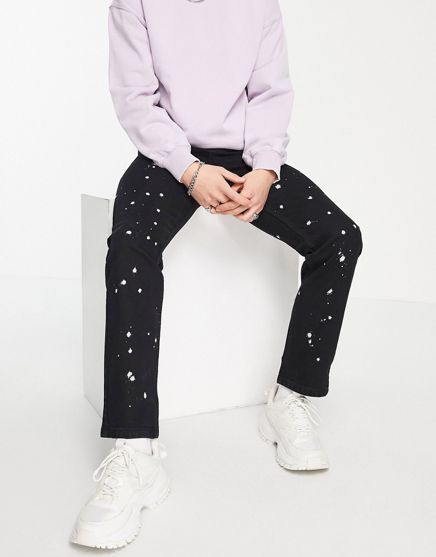 LDN Denim wide fit straight leg jeans In black with paint splatter