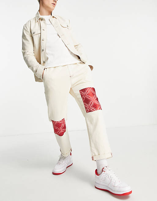 LDN DNM co-ord patch track fit denim jeans in cream